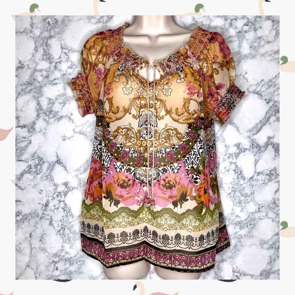 Forbidden LA Women’s Floral Paisley Boho Peasant Blouse Size M